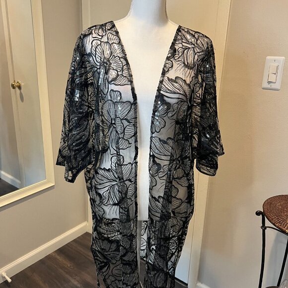 NWT Anne Klein Black Oversized Sheer Cardigan with Sequins, Size S/M - Picture 3 of 16